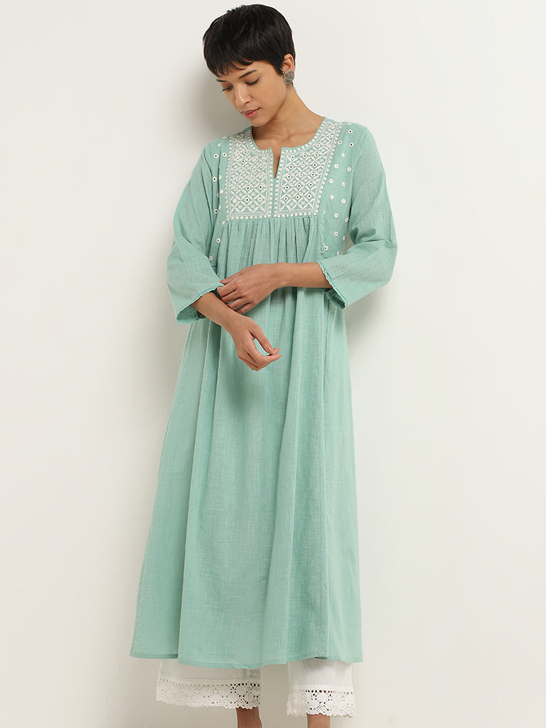 Utsa Aqua Embroidered Cotton A-Line Kurta