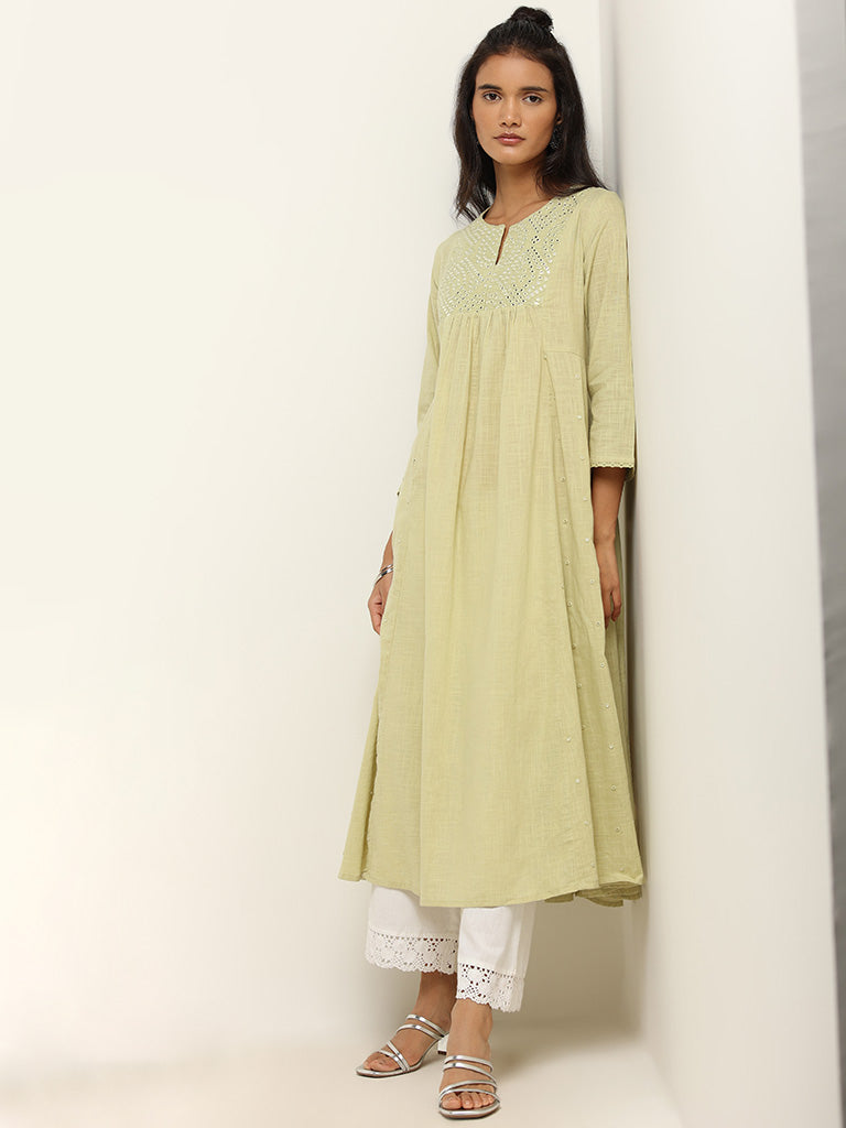 Utsa Green Mirror-Work Cotton Kurta