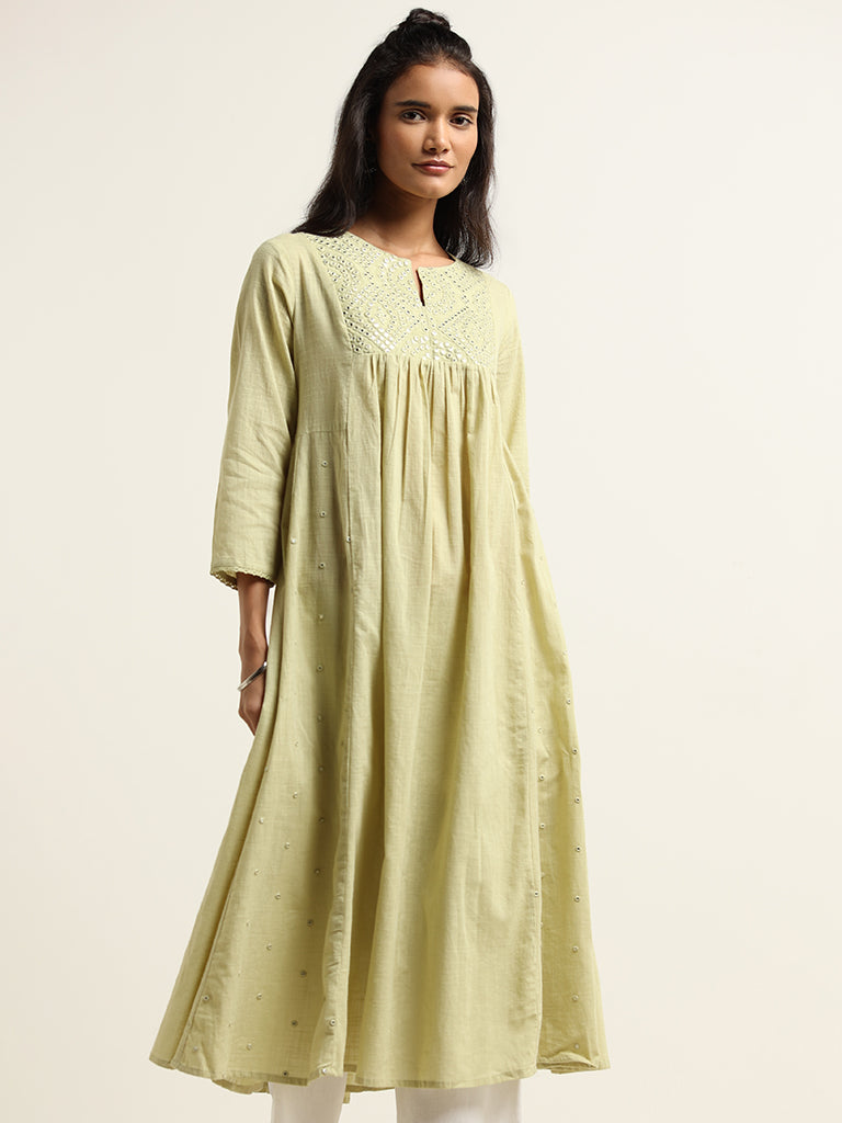 Utsa Green Mirror-Work Cotton Kurta