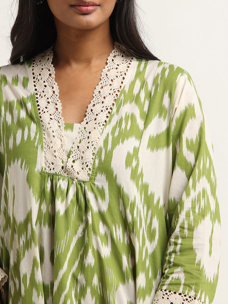 Utsa Green Ikkat Printed Cotton Kurta