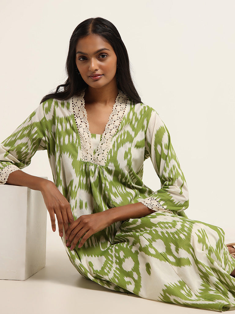 Utsa Green Ikkat Printed Cotton Kurta