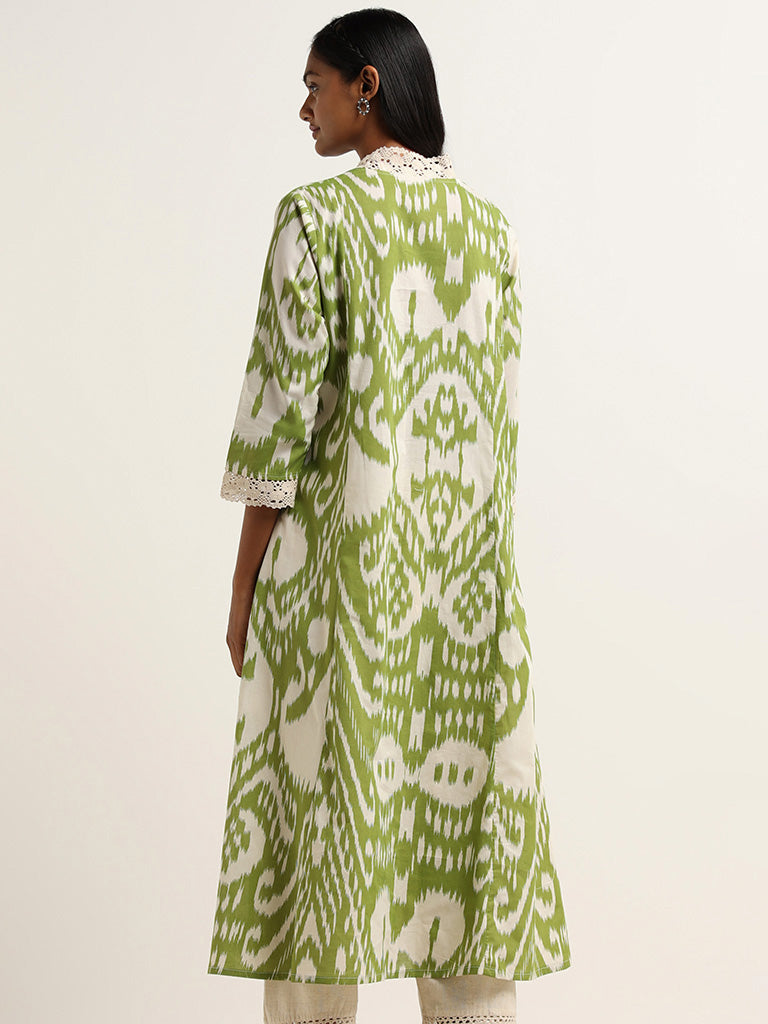 Utsa Green Ikkat Printed Cotton Kurta