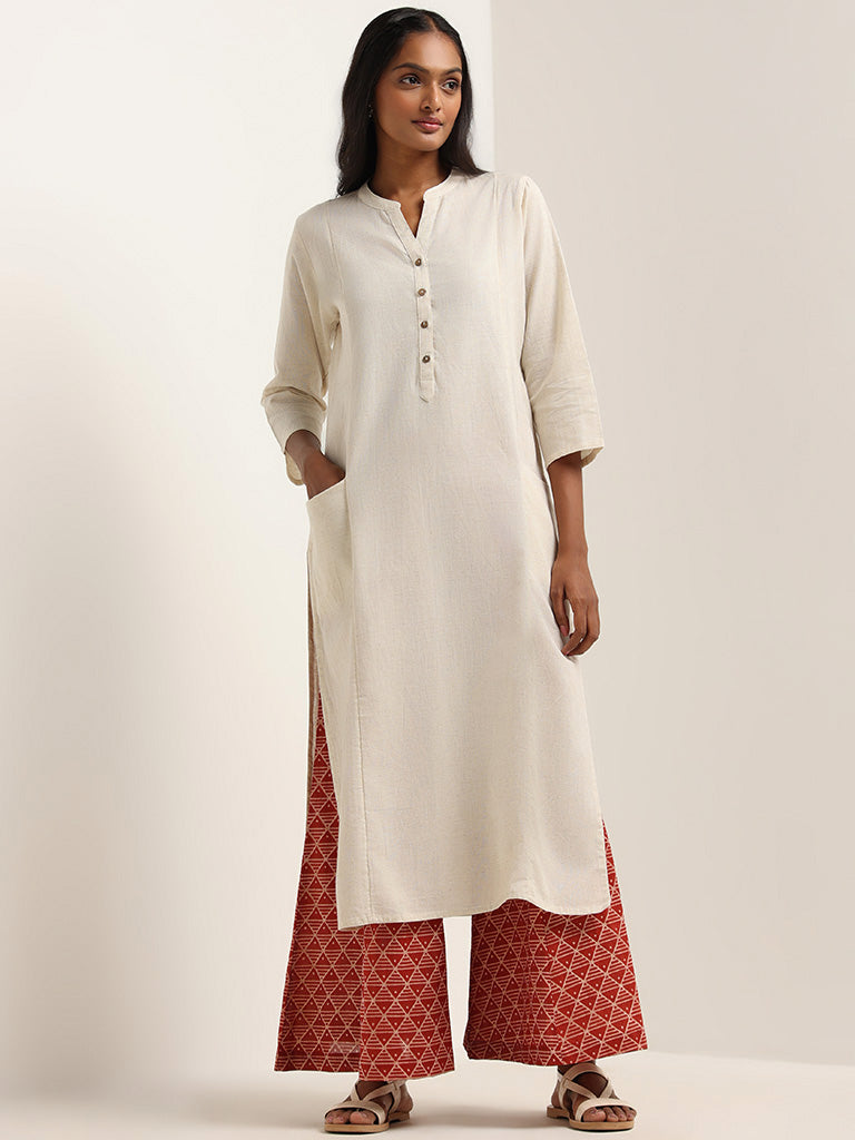 Utsa Off White Blended Linen Kurta