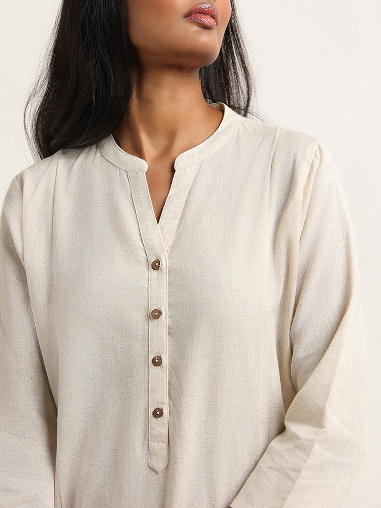 Utsa Off White Blended Linen Kurta