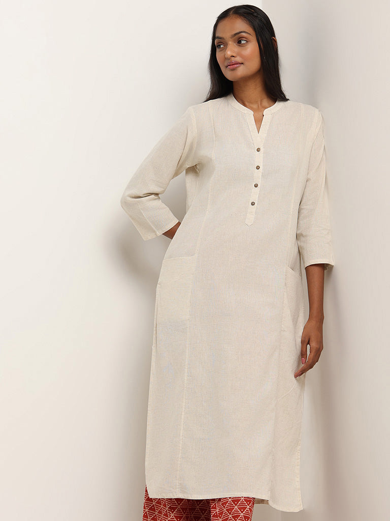 Utsa Off White Blended Linen Kurta