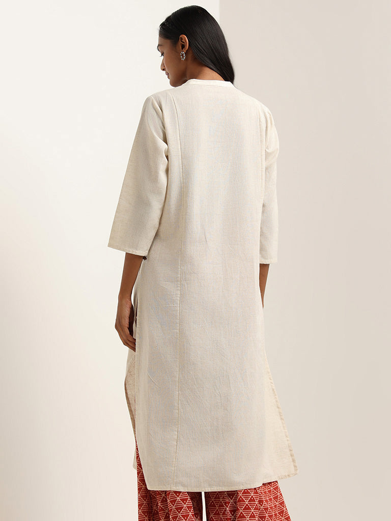 Utsa Off White Blended Linen Kurta