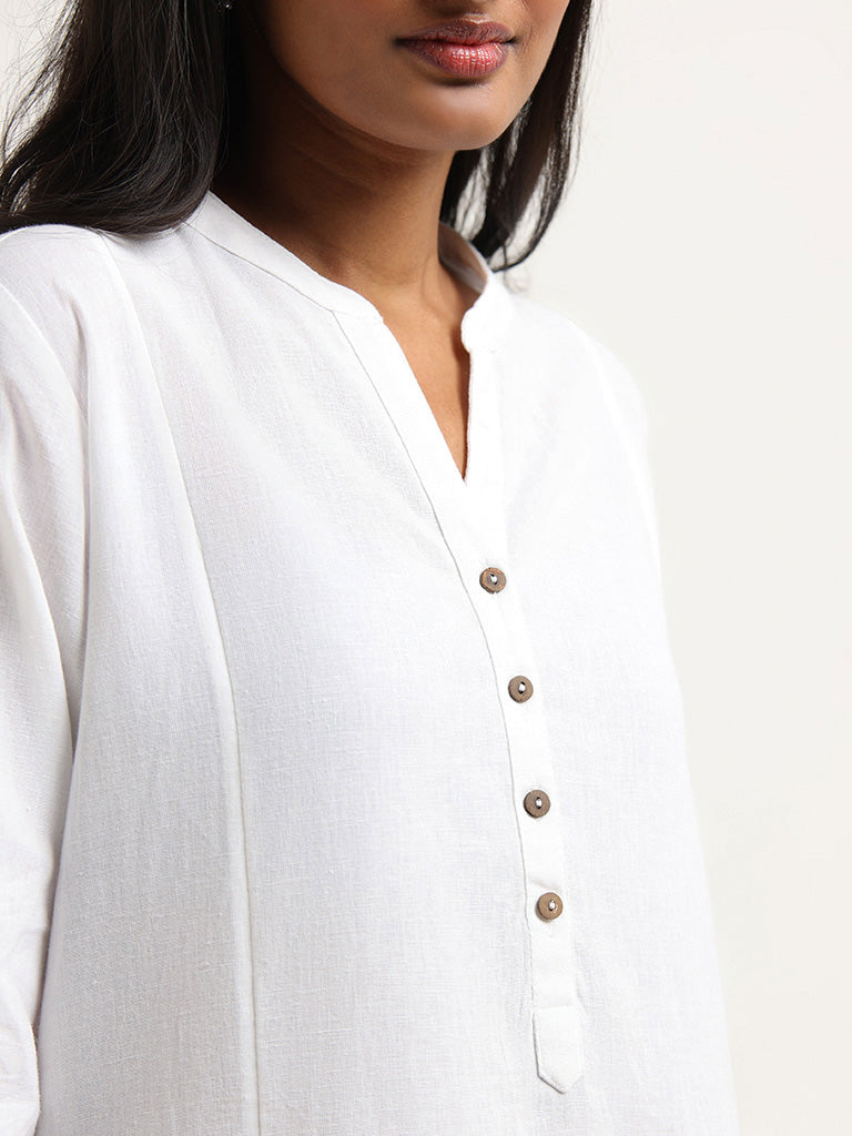 Utsa Plain White Blended Linen Kurta