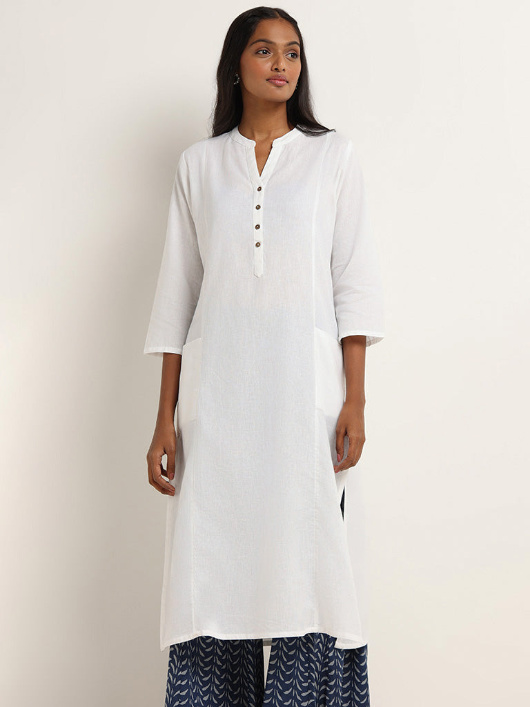 Utsa Plain White Blended Linen Kurta