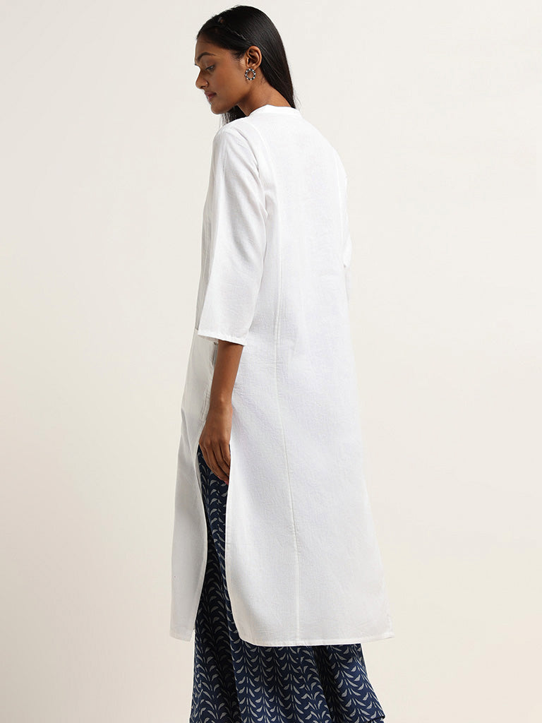 Utsa Plain White Blended Linen Kurta