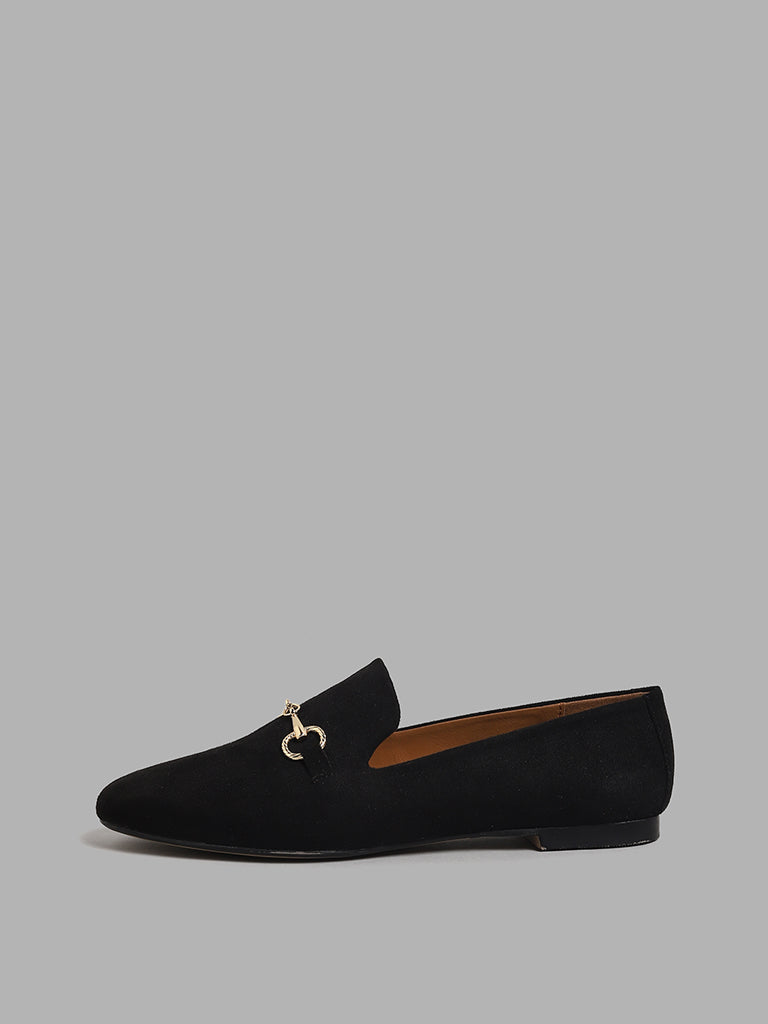 LUNA BLU Black Velvet with Gold Anchor Detail Loafers