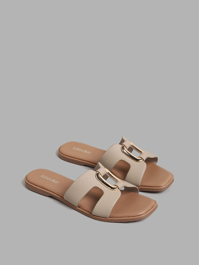 LUNA BLU Cut-Out Cage Buckle Cream Sandals