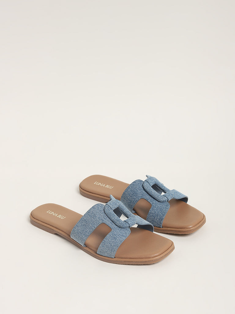 LUNA BLU Cut-Out Cage Buckle Denim Blue Sandals