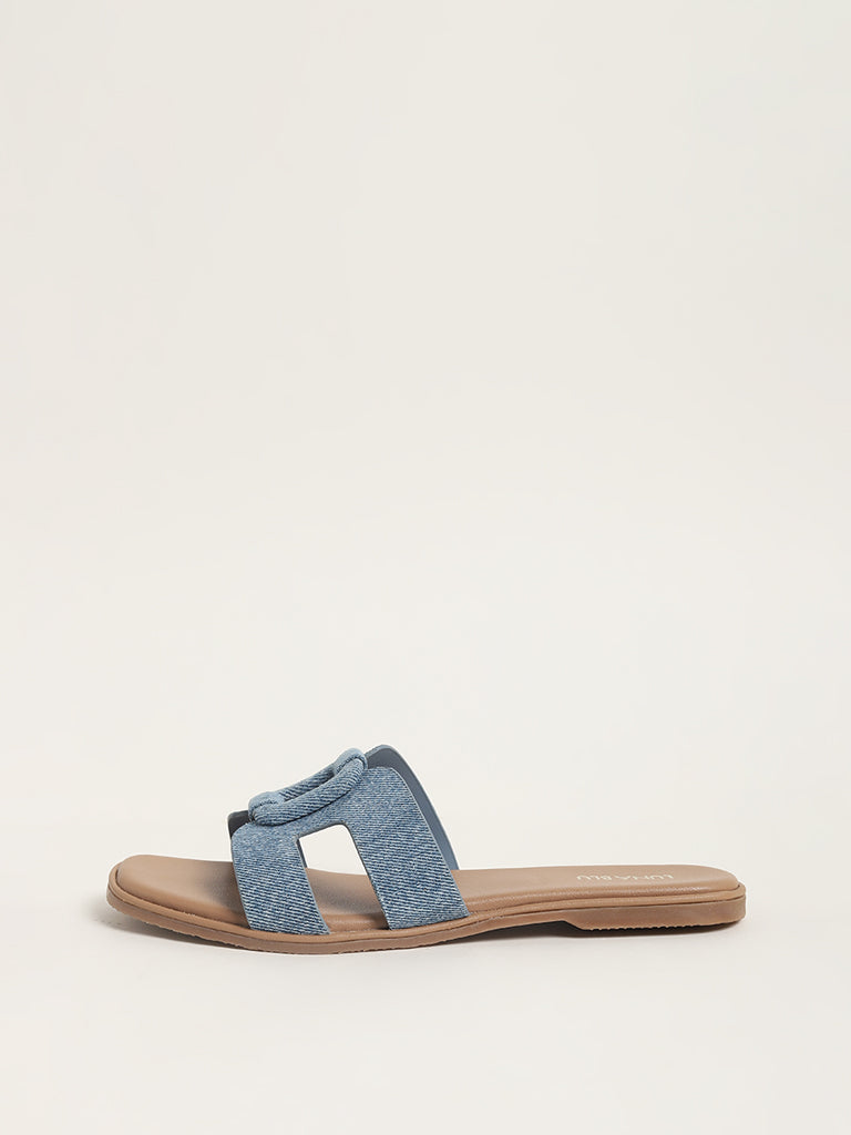 LUNA BLU Cut-Out Cage Buckle Denim Blue Sandals