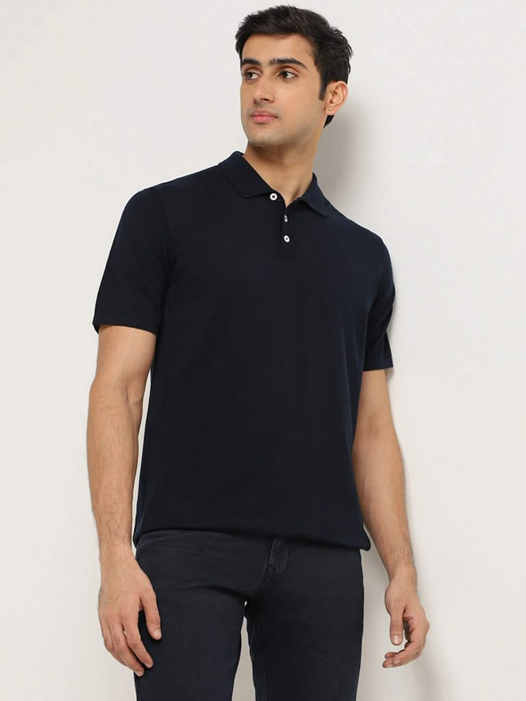 Ascot Navy Self-Patterned Cotton Relaxed Fit T-Shirt