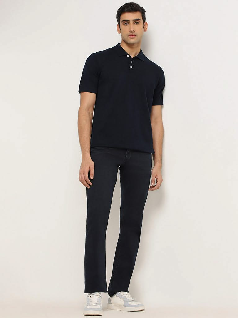 Ascot Navy Self-Patterned Cotton Relaxed Fit T-Shirt