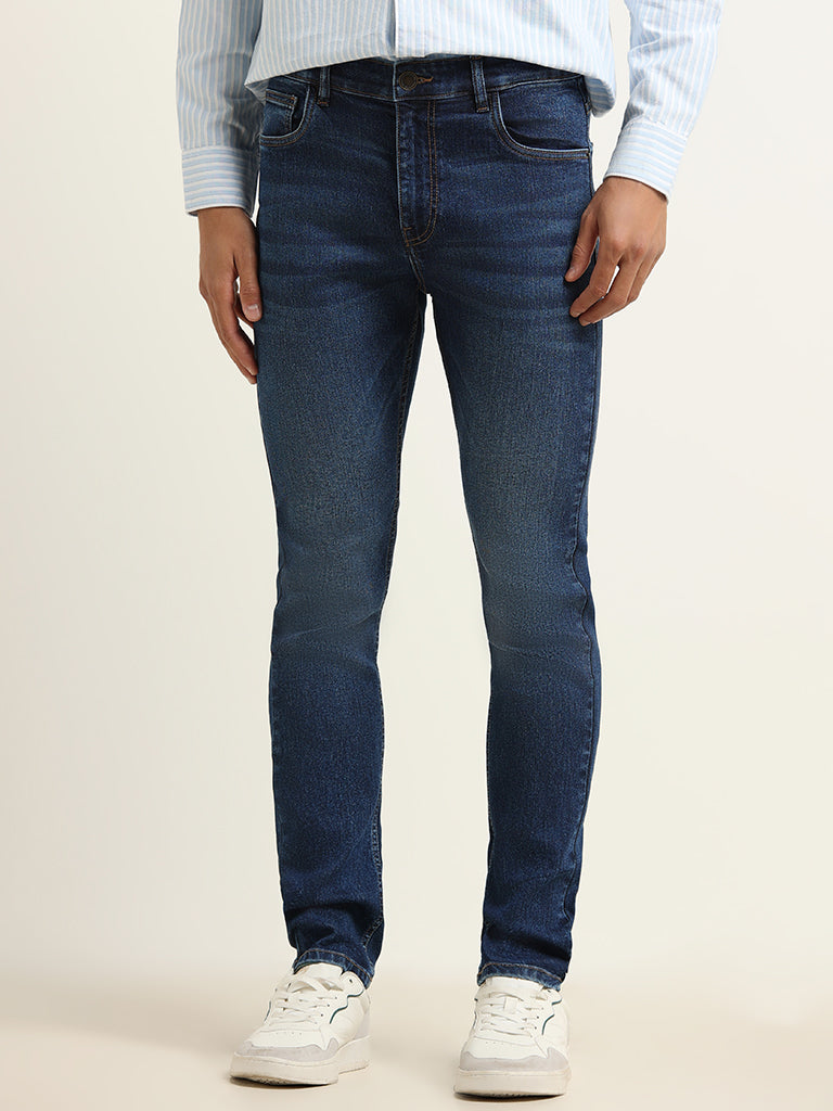 WES Casuals Plain Blue Slim Fit Mid Rise Jeans