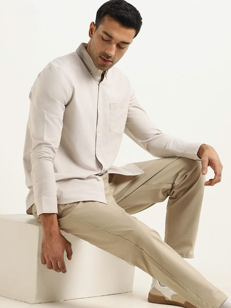 WES Casuals Beige Solid Cotton Slim Fit Shirt