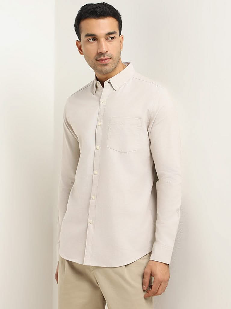 WES Casuals Beige Solid Cotton Slim Fit Shirt