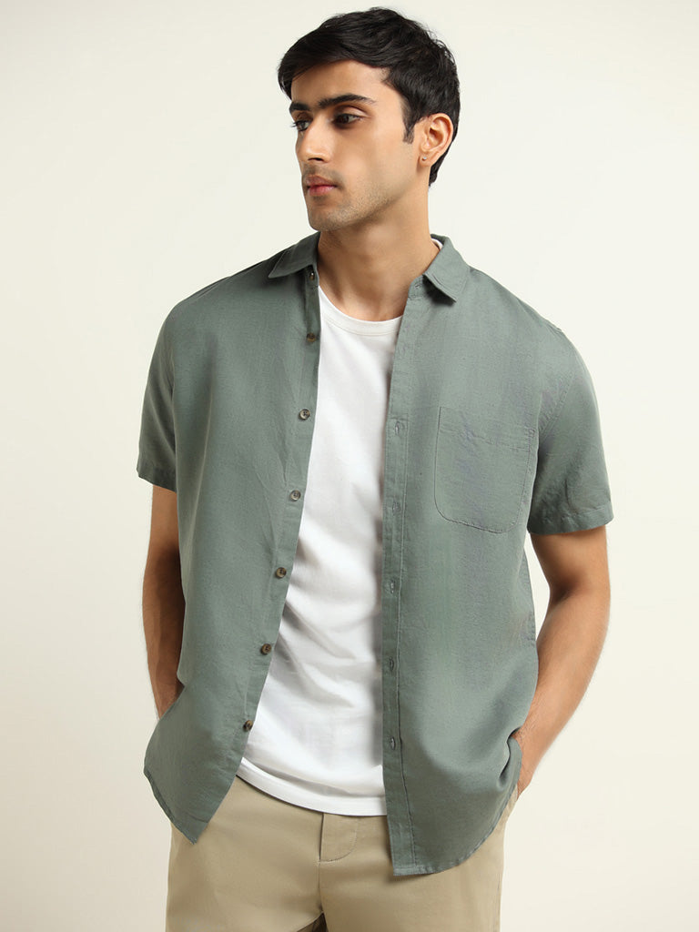 WES Casuals Green Slim-Fit Blended Linen Shirt