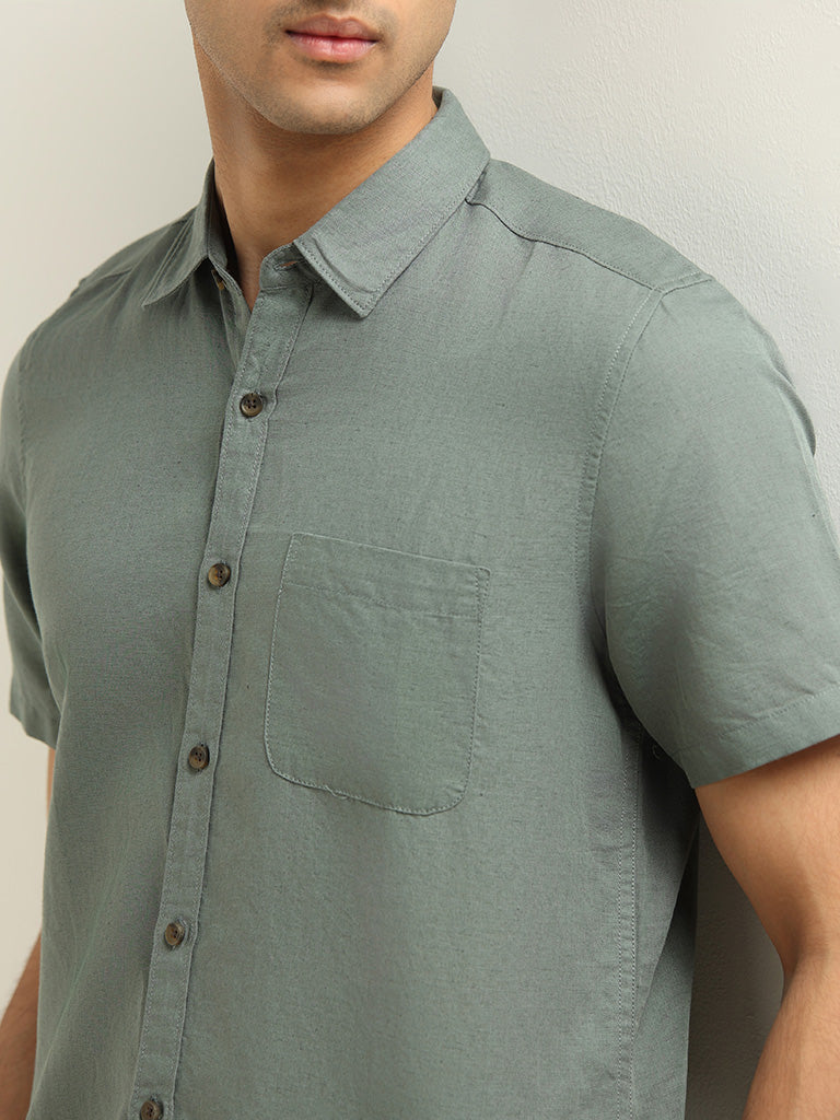 WES Casuals Green Slim-Fit Blended Linen Shirt