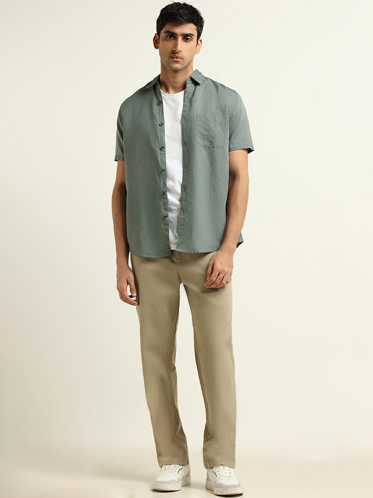 WES Casuals Green Slim-Fit Blended Linen Shirt