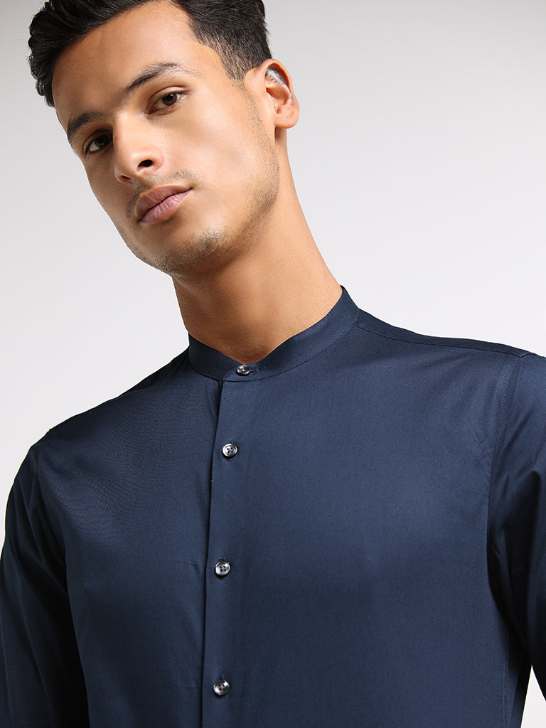 WES Formals Navy Cotton Blend Granddad Shirt