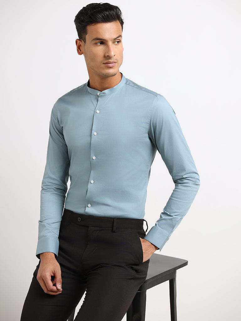 WES Formals Teal Cotton Blend Granddad Shirt