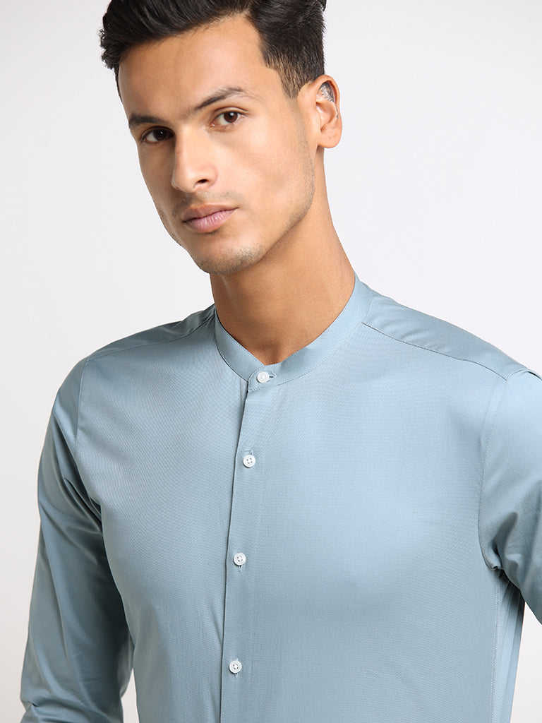 WES Formals Teal Cotton Blend Granddad Shirt