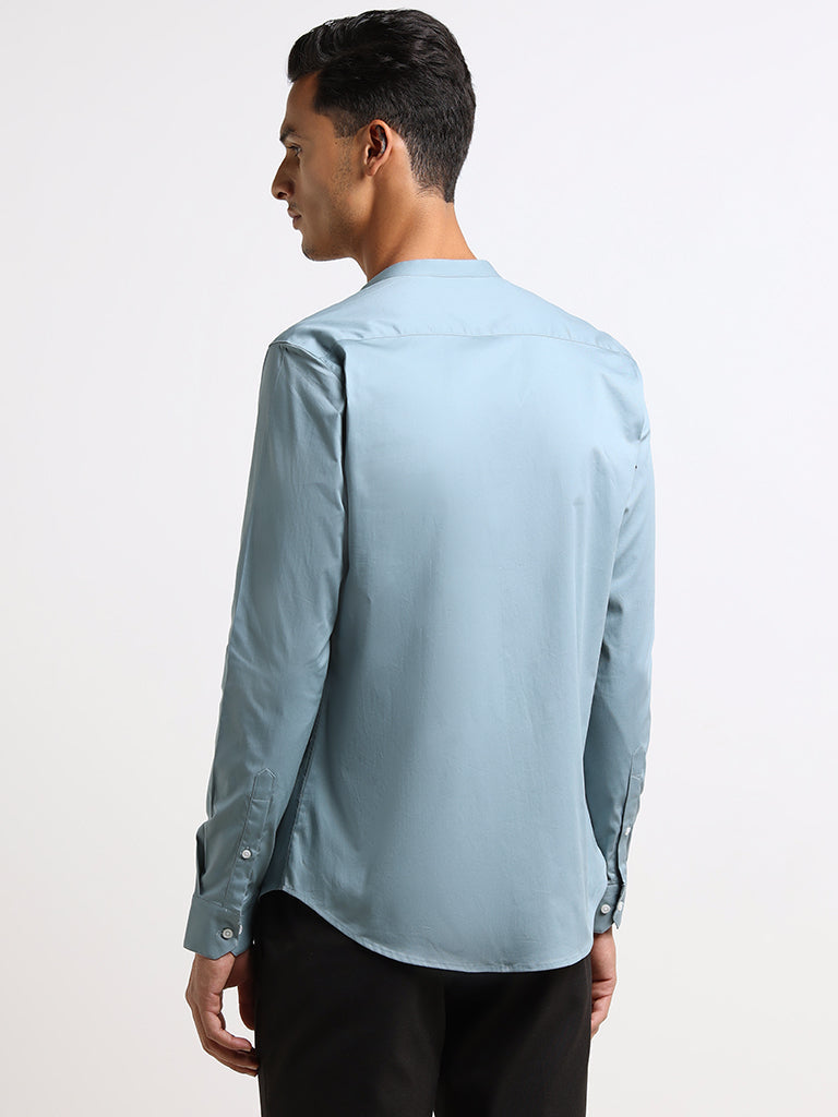 WES Formals Teal Cotton Blend Granddad Shirt