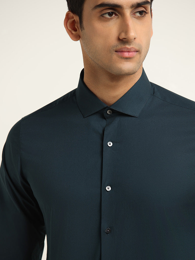 WES Formals Teal Cotton Blend Ultra-Slim Fit Shirt