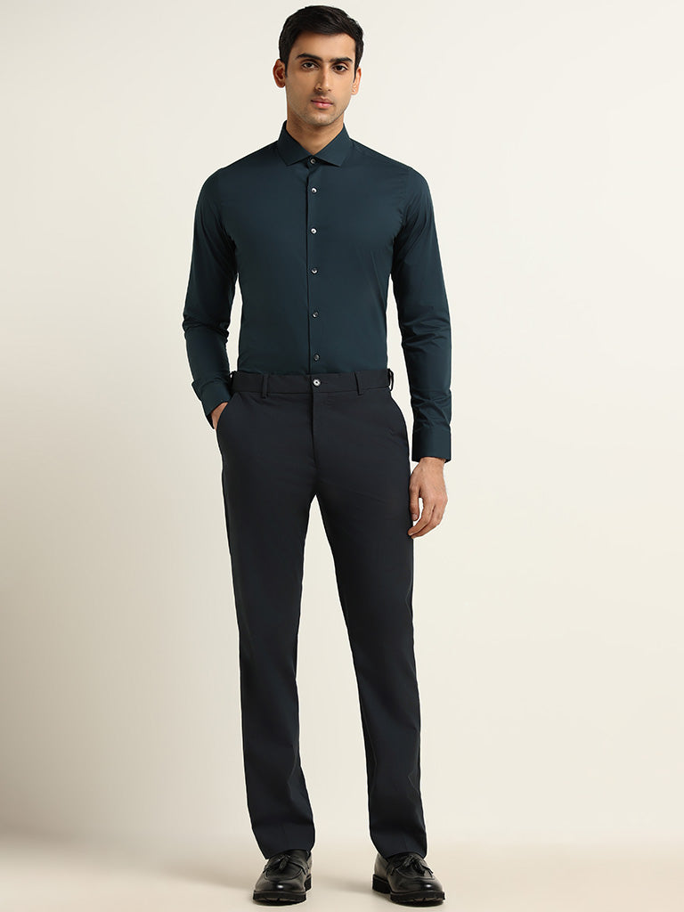 WES Formals Teal Cotton Blend Ultra-Slim Fit Shirt