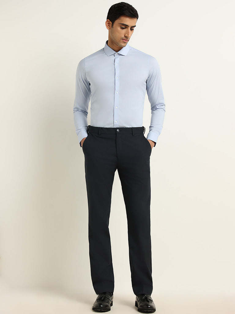 WES Formals Blue Cotton Blend Ultra-Slim Fit Shirt