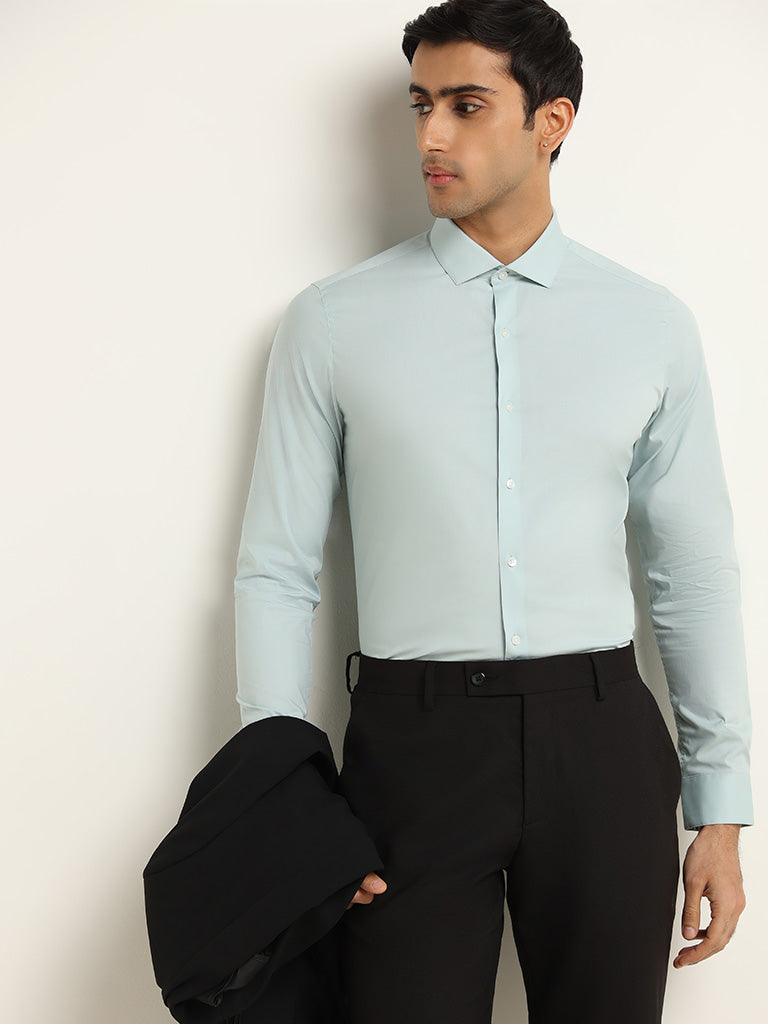 WES Formals Light Teal Cotton Blend Ultra-Slim Fit Shirt