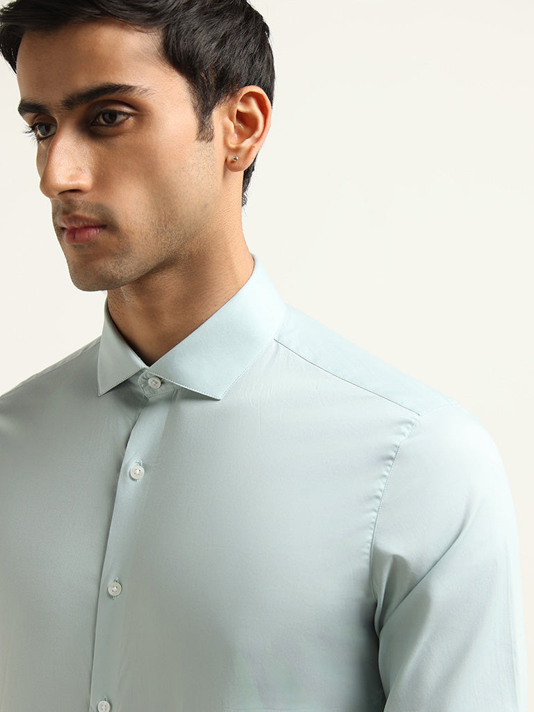 WES Formals Light Teal Cotton Blend Ultra-Slim Fit Shirt