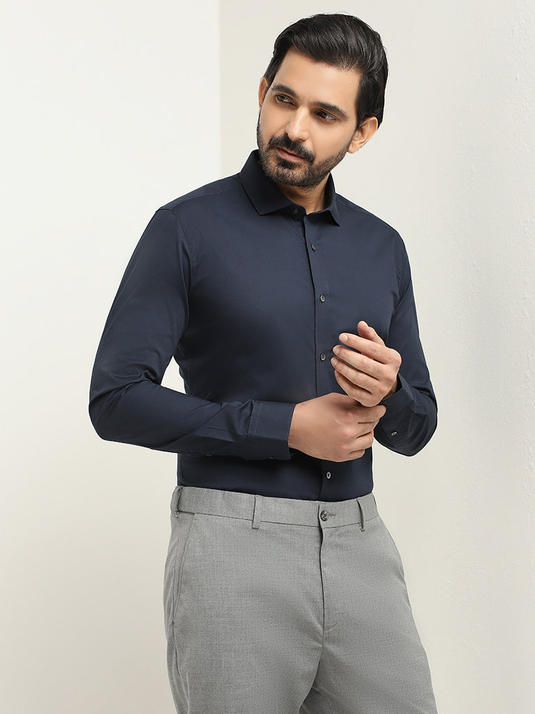 WES Formals Navy Cotton Blend Ultra Slim Fit Shirt