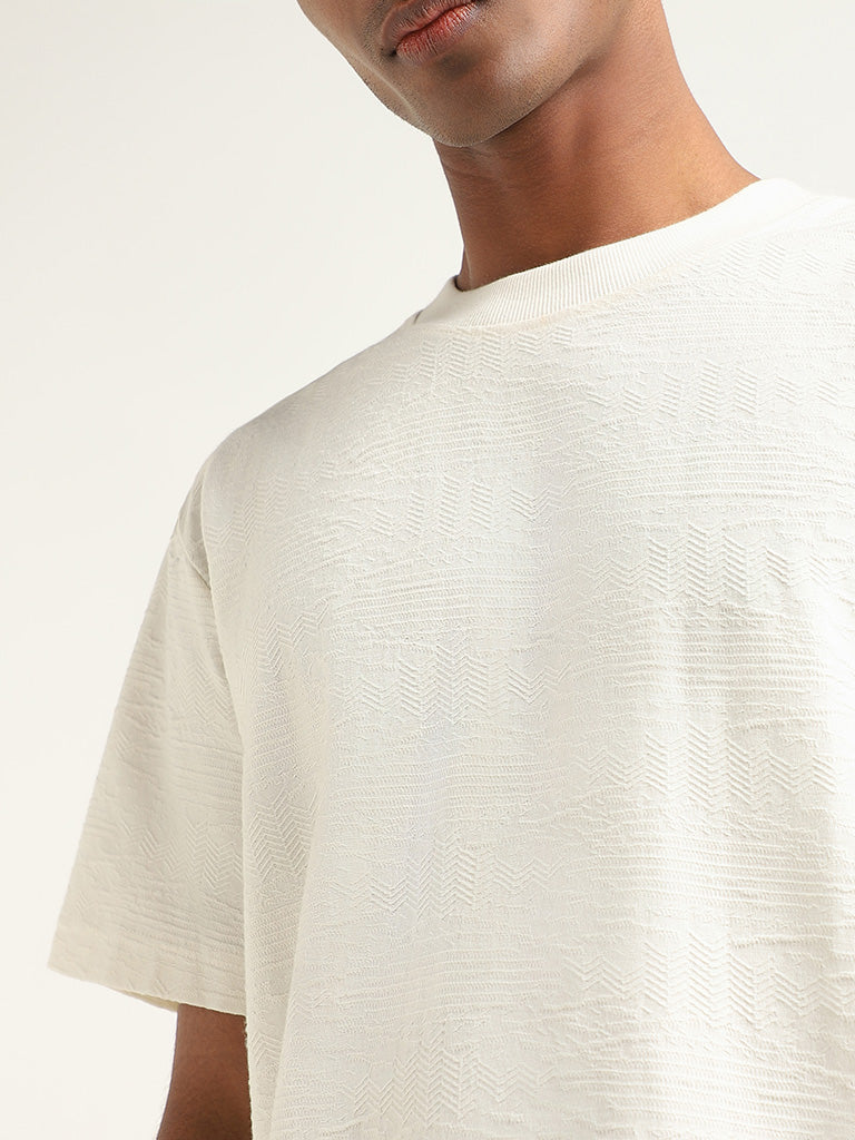 ETA Off White Self-Patterned Cotton Slim Fit T-Shirt