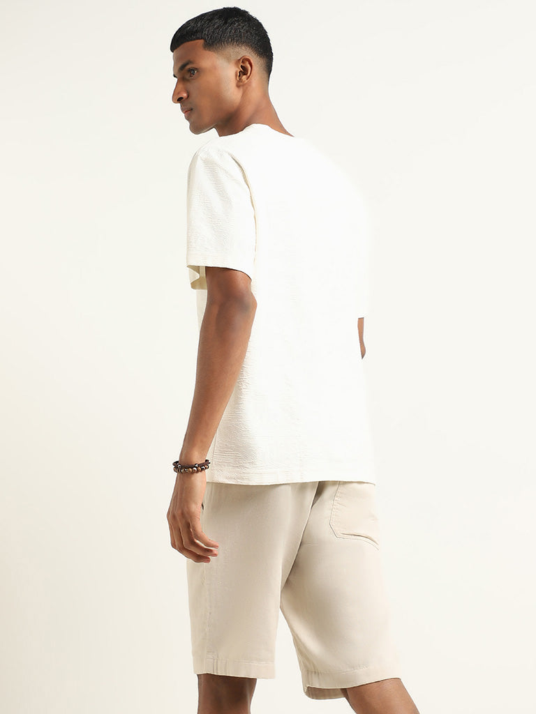 ETA Off White Self-Patterned Cotton Slim Fit T-Shirt