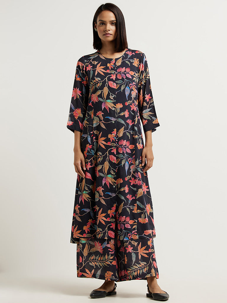 Zuba Black Tropical Printed Palazzos