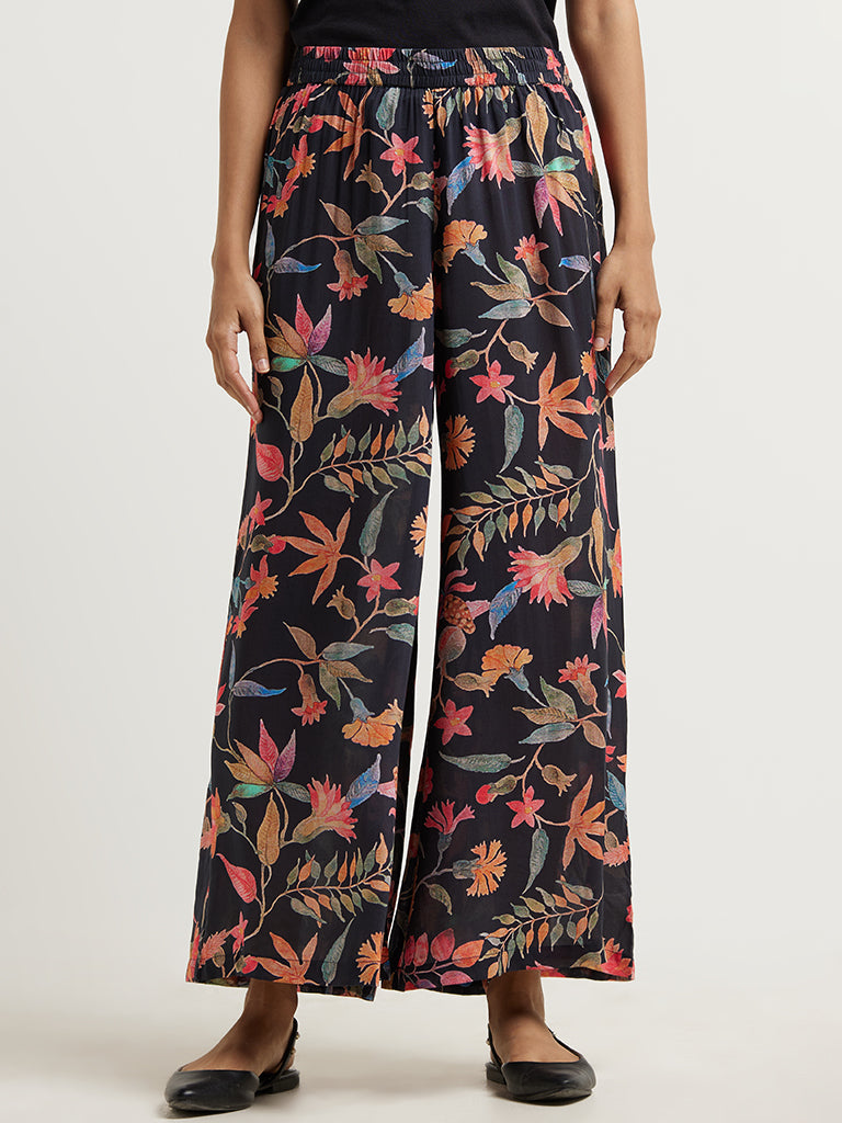 Zuba Black Tropical Printed Palazzos