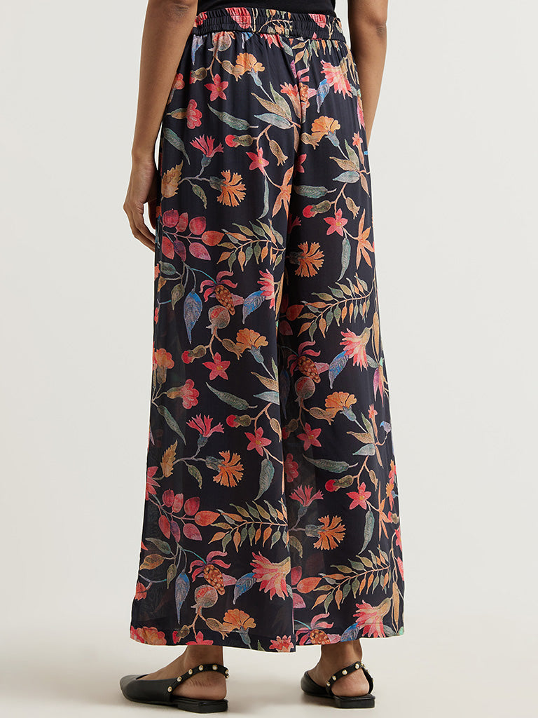 Zuba Black Tropical Printed Palazzos