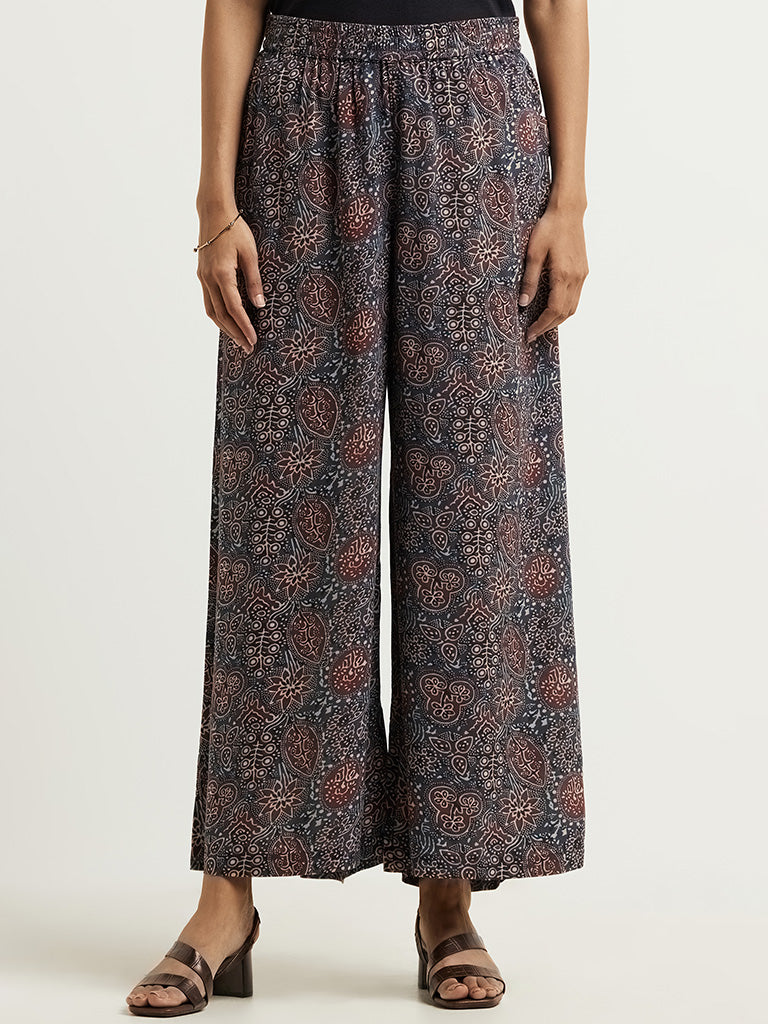 Zuba Motif Print Indigo Palazzos