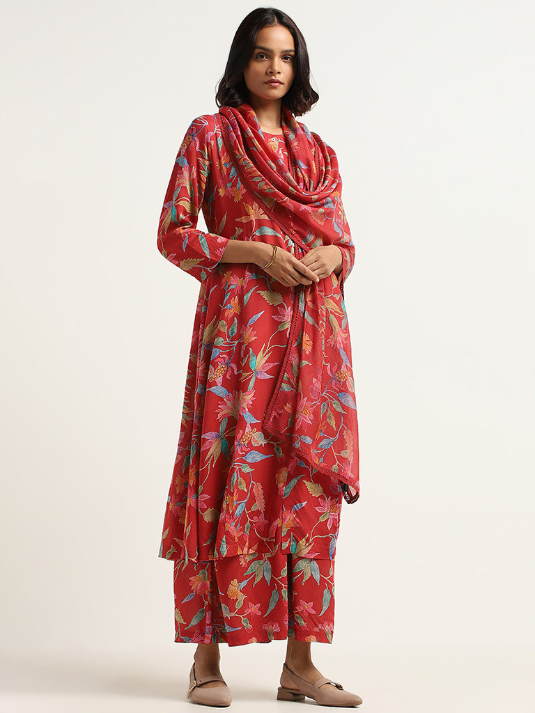 Zuba Red Printed Cotton Palazzos