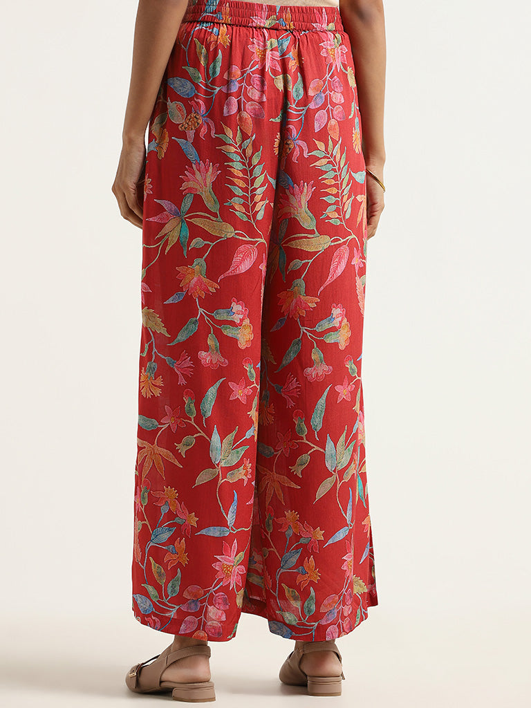 Zuba Red Printed Cotton Palazzos