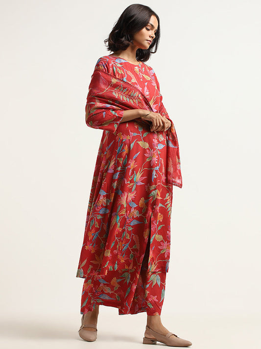 Zuba Red Floral Print Cotton Blend Dupatta