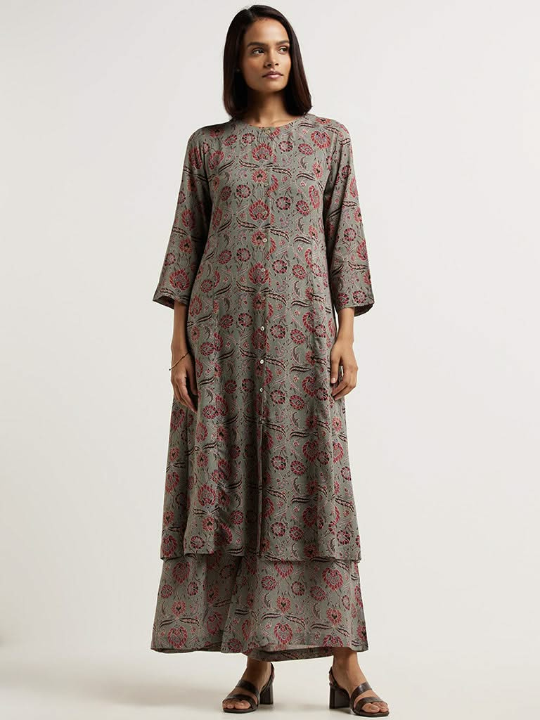 Zuba Grey Ajrak Printed Kurta