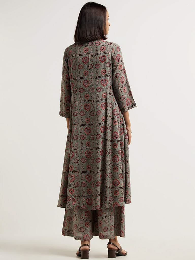 Zuba Grey Ajrak Printed Kurta