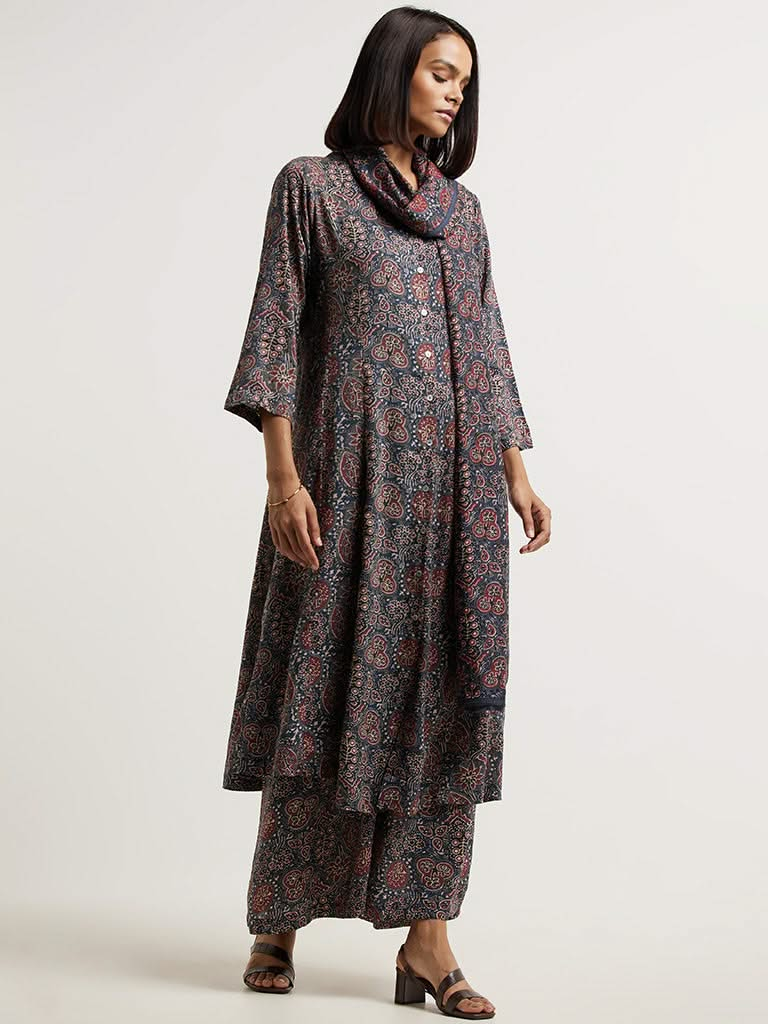 Zuba Motif Print Indigo Kurta