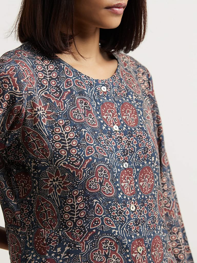 Zuba Motif Print Indigo Kurta