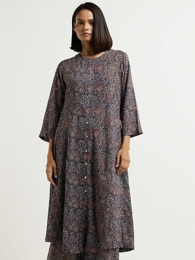 Zuba Motif Print Indigo Kurta