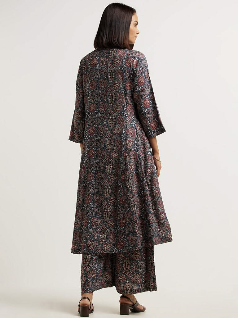 Zuba Motif Print Indigo Kurta